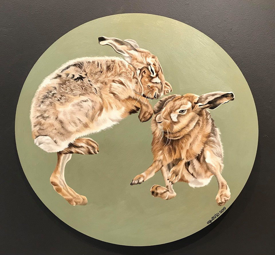 Aimee Guthrie 'Boxing Hares' 500mm dia oil on board
