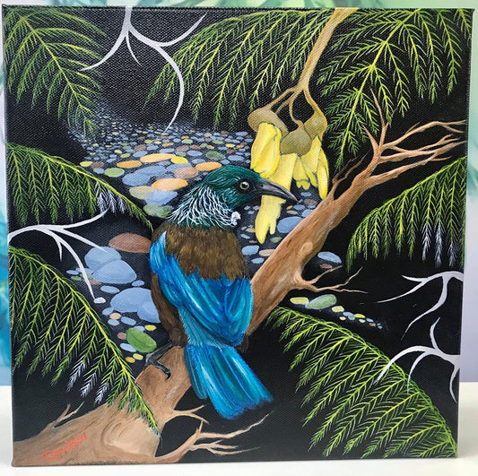 Tracy Jackson 'Tui On Branch' 300mmx300mm oil on boxed canvas