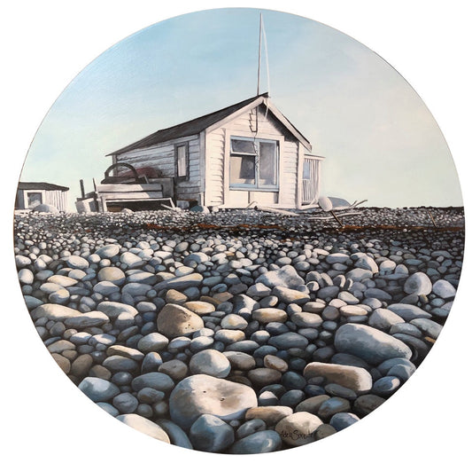 Adele Souster 'Winter Light Boulder Bank' oil on board 600mm dia