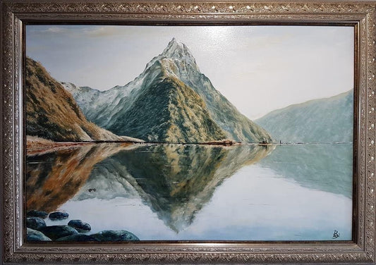 Bari Duncan “Morning Light Milford Sound” framed oil on canvas 740mmx1060mm