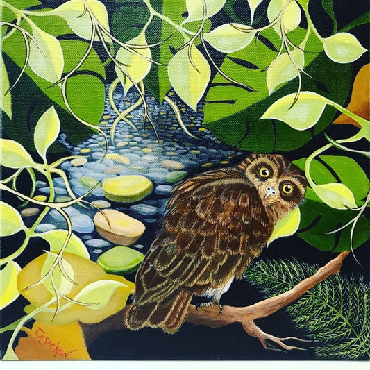 Tracy Jackson 'Morepork' 300mm x 300mm oil on boxed canvas